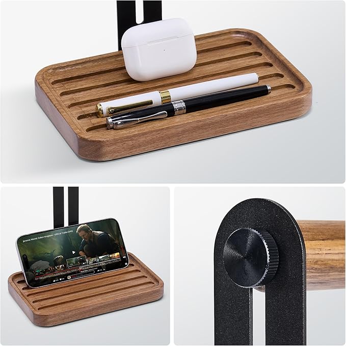 blingwider Headphone Holder For Desk,Desk Headphone Mount Rack,Headphone Stand With Storage Base,Accessories Managment,Solid Wood,Matte Black