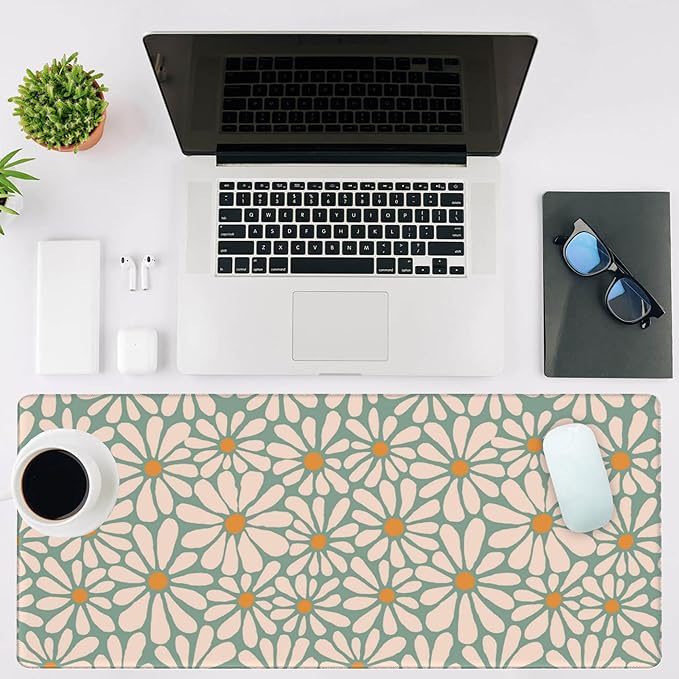 NIYLYNSYN Mouse Pad Large Boho with Daisy Flowers Non-Slip Gaming Desk Mat with Stitched Edge Laptop Keyboard Desk Pad for Work Home Gaming (35.4 x 15.7 Inches)