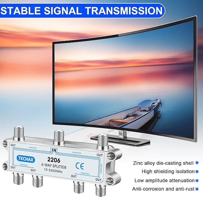 TKCHAX 6 Way Coaxial Cable Splitter,Support 10-2602MHz,RG6 RG59 Coax Compatible,Work with MoCA2.5 and MoCA3.0, CATV, Satellite TV, Antenna, HDTV and High Speed Internet