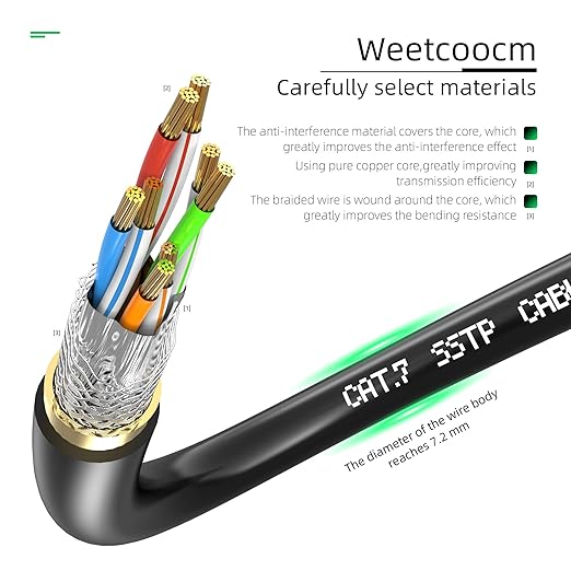 Weetcoocm Ethernet Extension Cable 65ft, Network Cat6a Extension Patch Cable RJ45 Cords Shielded Male to Female Connector (65FT)
