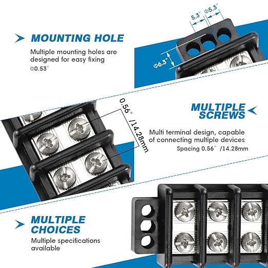 GLOSO Marine Terminal Blocks TBD Double Row Stainless 10-22 AWG Cu, 30A/600V- 1 Pack, 8 Poles