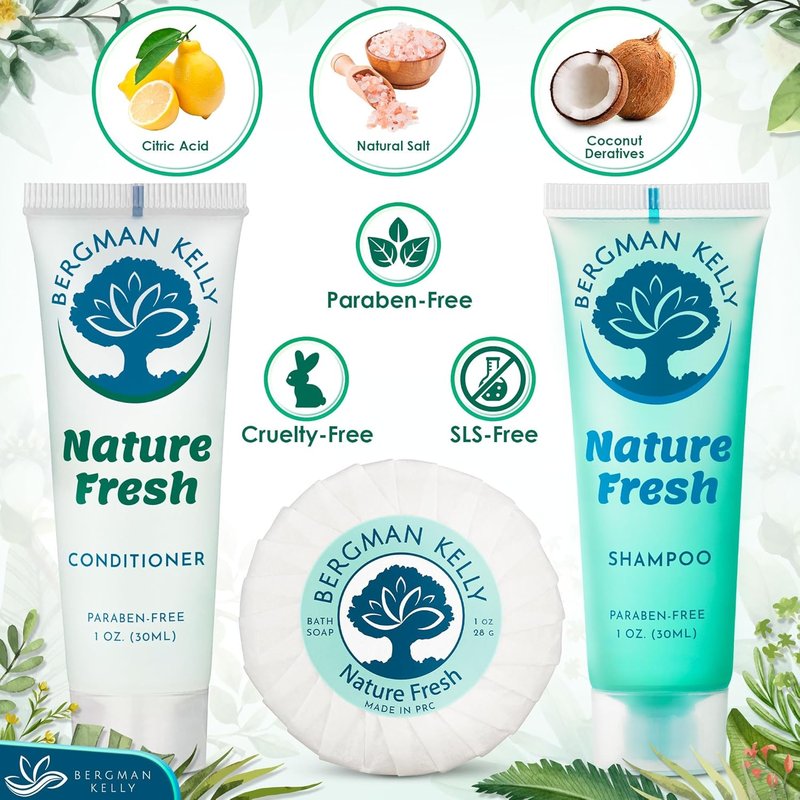 Bergman Kelly Round Hotel Soap Bars & Mini Travel Toiletries Set - Refreshing Shampoo & Conditioner | 1 oz Each, 150 Pieces