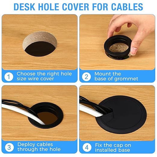 BOPOREAE Desk Grommet 2" (50 mm), Desk Cord Hole Cover, Cable Grommet ABS Plastic, Desk Hole Grommet for Office and Home Table Cable, Detachable Adjustable Cable Cord Organizer (Black 2 Pcs)