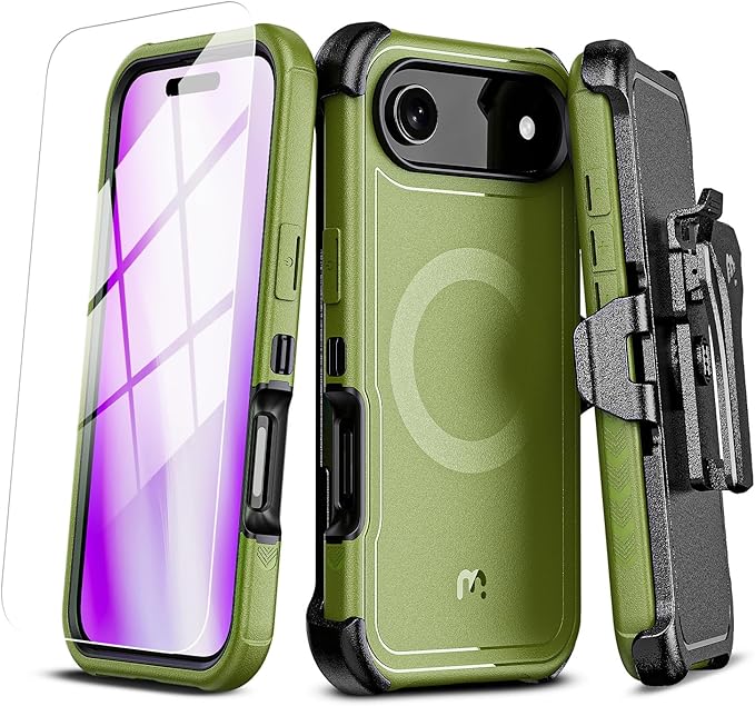 M MYBAT PRO for iPhone Air Case with Belt Clip Holster,[Compatible with Magsafe] w/Screen Protector,Anti-Drop,Shockproof,w 360°Rotating Kickstand,Heavy Duty Protection (Blue) (Army Green)