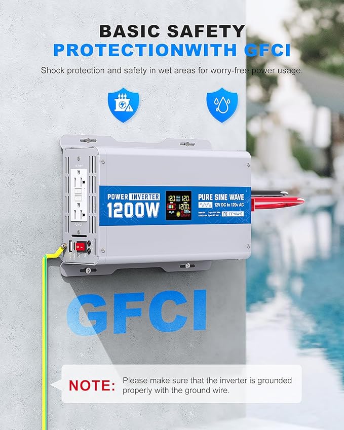 ASMONTRIC 1200W Pure Sine Wave Power Inverter 12V DC to 120V AC Converter 2400 Watt Peak Power Multi-Display Screen with 2 GFCI Outlet 30W USB and 18W Type-C for Car RV Truck Boat Off-Grid, Gray Blue