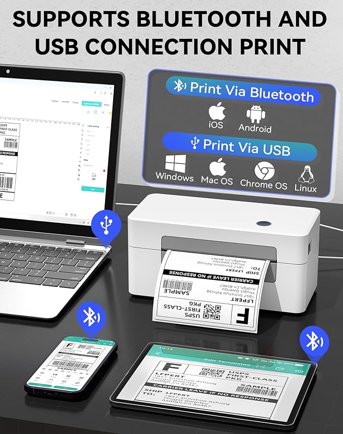 LFPERT Bluetooth Thermal Label Printer, Wireless 4x6 Shipping Label Printer for Small Business & Shipping Package Compatible with Android, iOS, Windows & Mac, Used for Amazon, Ebay, Shopify, USPS Etc