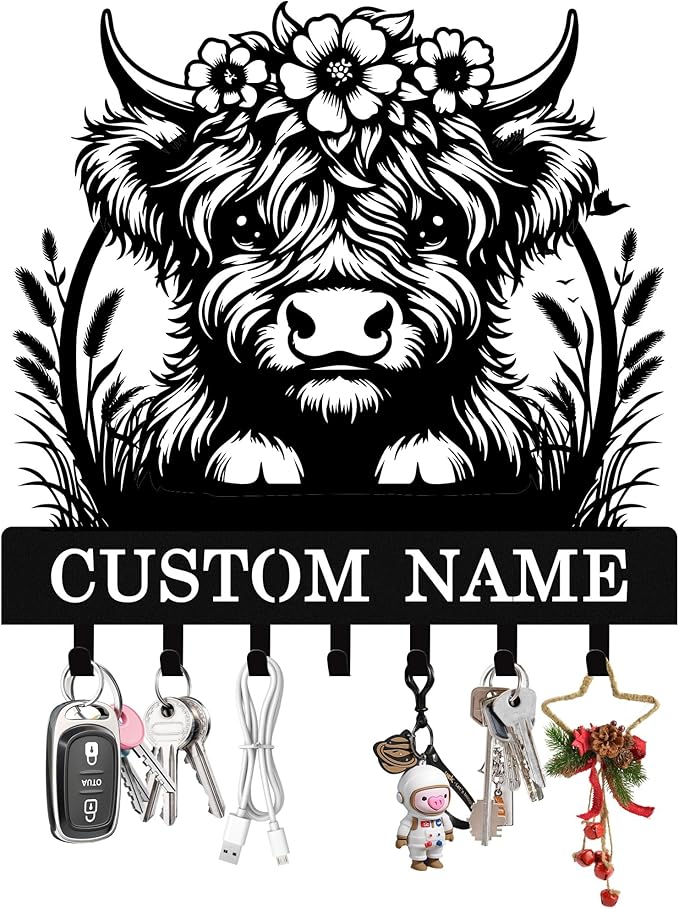 Syneiro Personalized Highland Cow Key Holder Wall Mount, Custom Metal Key Rack Key Holder with Name, Deer Cabin Wall Keys Hanger with Hooks for Entryway, Front Door, Hallway, Kitchen, Living Room