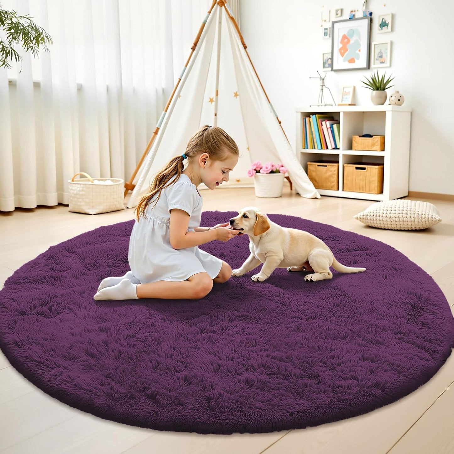 OLANLY Dark Purple Round Rug - Soft, Fluffy Shaggy Carpet | 5 ft Machine Washable Area Rug for Bedroom & Living Room