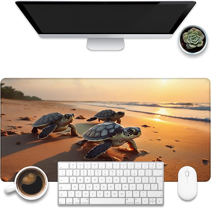 KOAIWPAE Large Gaming Mouse Pad for Desk, Baby Turtles On Beach Desk Mat, Cute Sea Turtle Desk Pad, 31.5"x15.7" Extended Big Computer Keyboard Mouse Pad with Non-Slip Base and Stitched Edge