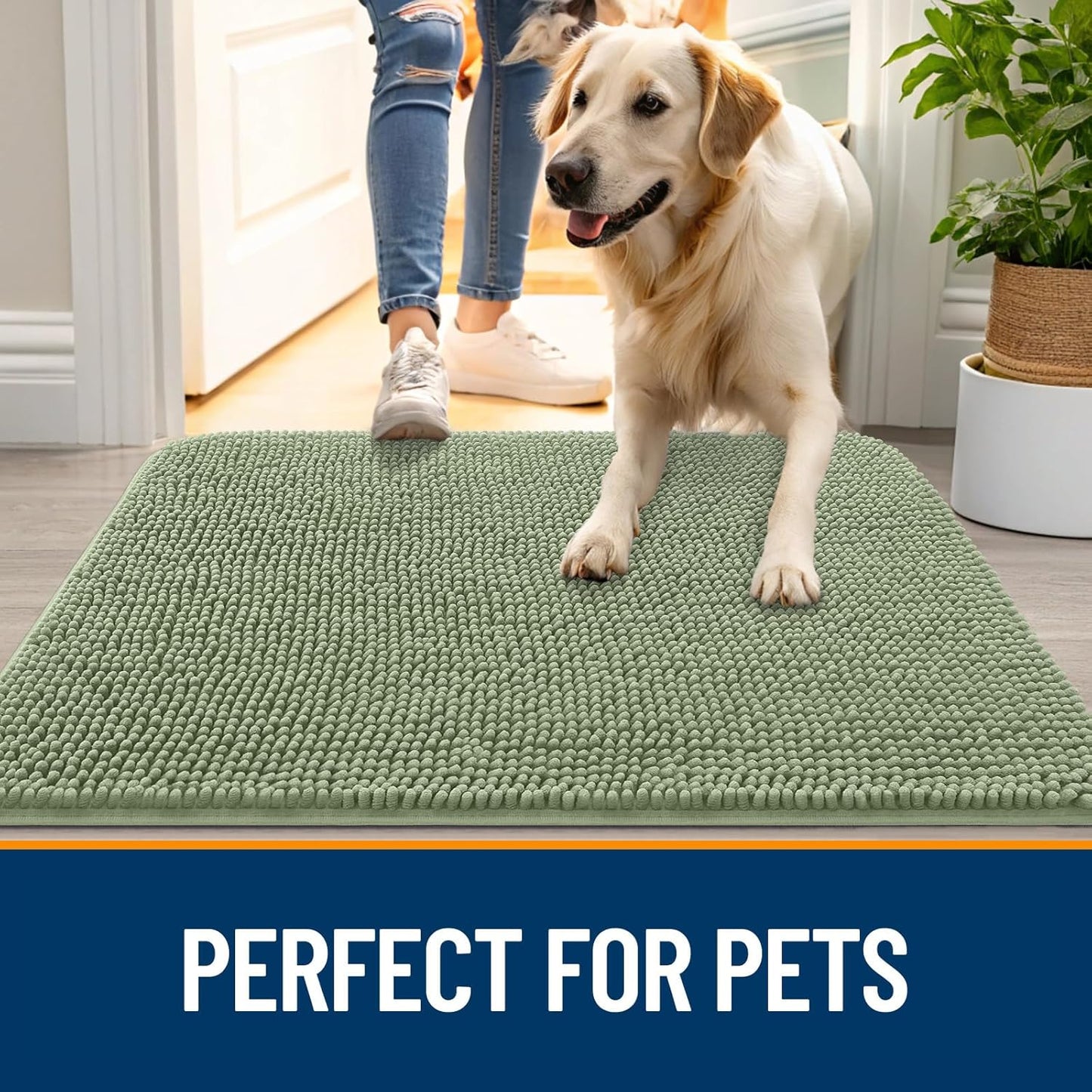 OLANLY Dog Door Mat - Absorbent Non-Slip Chenille Mat for Muddy Paws | 47x32 Inches, Sage Green