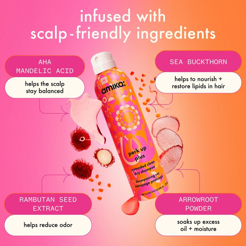 amika perk up plus extended clean dry shampoo, 9.5oz | revitalizes roots + boosts time between washes with no residue or build up | for all hair types