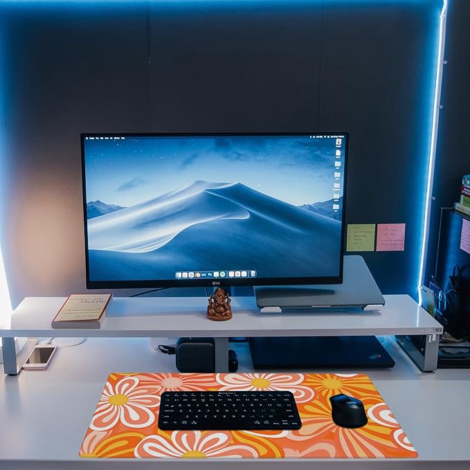 Eflxamz Desk Pad - Hippie Vintage Orange Flowers Desk Mat, Retro Floral Large Gaming Mouse Pad with Non-Slip Base and Stitched Edge, 31.5"x11.8"