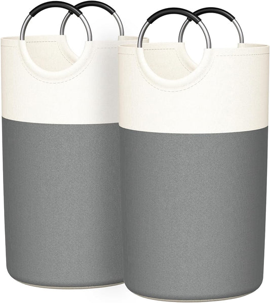 Skiennix 90L Laundry Hamper - Large Collapsible Baskets with Soft Aluminum Handles | Grey, 2 Pack