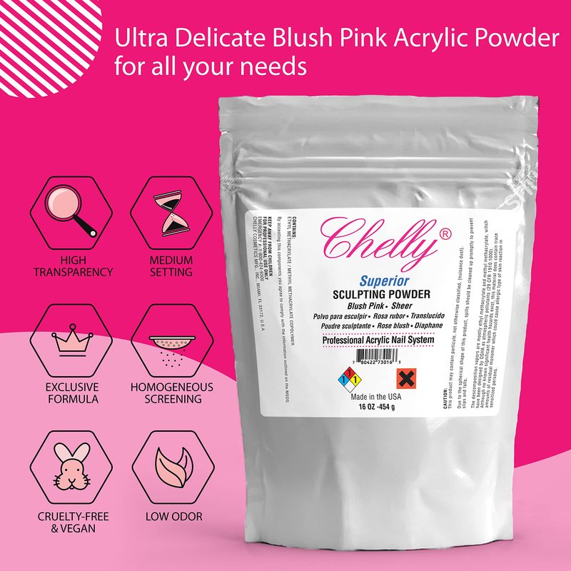 Chelly Superior Sculpting Powder Professional Acrylic Nail System Clear Blush Pink Medium Pink 16 oz 454 g (Blush Pink)