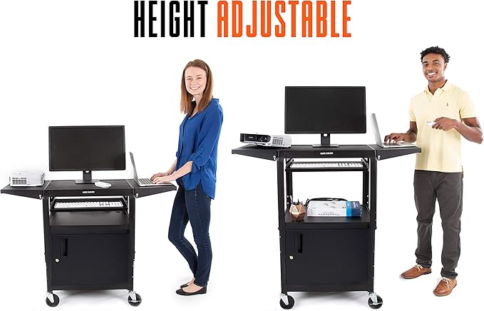 Leader Adjustable Height Rolling AV Cart, Mobile Workstation with Drop Leaf Shelves, Pullout Keyboard Tray, Locking Steel Cabinet, Power Strip for Classroom and Office Use (Black, 24-42 Inch)