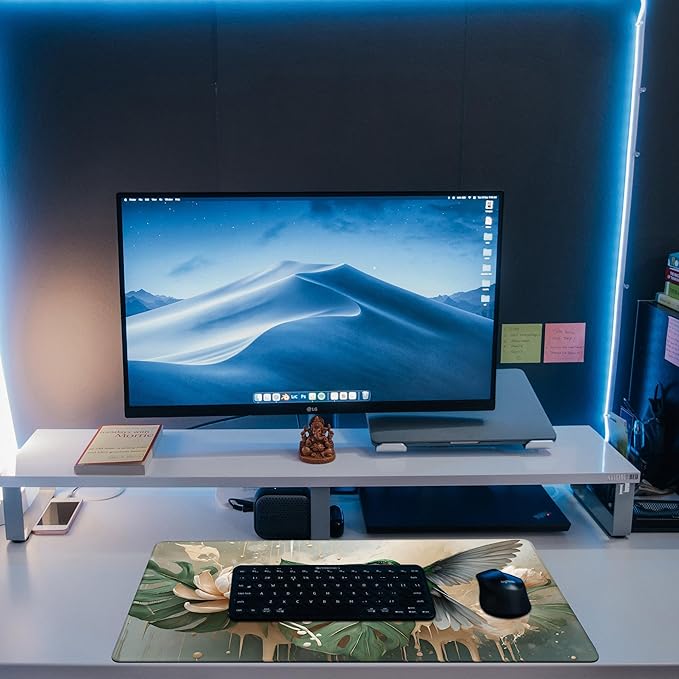 KOAIWPAE Desk Pad, Elegant Hummingbird Desk Mat, Oil Painting Flowers and Leaves Large Gaming Mouse Pad, 31.5"x15.7" Extended Big Computer Mouse Pad with Non-Slip Base and Stitched Edge