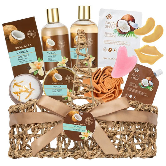 Mothers Day Gifts for Mom, 12pcs Vanilla Coconut Bath and Body Gift Basket Set, Self Care Set, Home Spa Basket Gift, Hydrating Skin Care Set, Anniversary, Birthday, Christmas, Wife