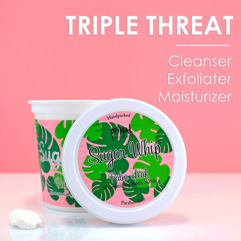 Primal Elements Sugar Whip Exfoliating Scrub, Body and Face Cleanser for Silky Smooth, Moisturize All Skin Types, Palm Leaf - 10 Ounce