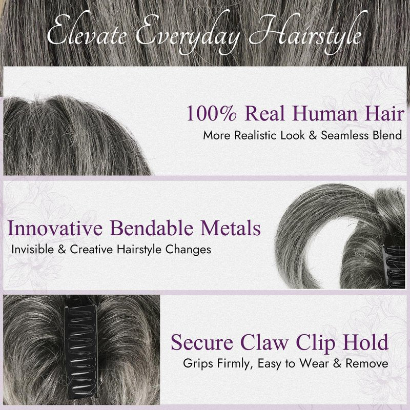 BARSDAR Claw Clip Short Human Hair Gray Ponytail Extension - 8 Inch DIY Styles Claw Clip Real Human Hair Grey Messy Bun Hairpieces for Women - Bendable Metals Thick Natural Short Gray Ponytail Daily
