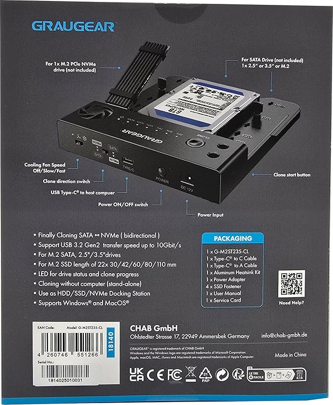 GRAUGEAR NVMe M.2 & SATA SSD/HDD Hard Drive Docking Station, USB-C 10Gbps NVMe Reader, SATA to M.2 NVMe Cloner, 2.5/3.5 Hard Drive Enclosure Clone Station, Dual Bay Offline Clone