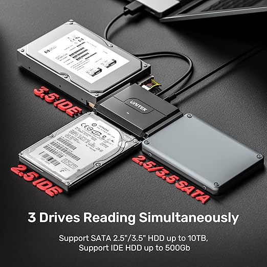 Unitek SATA/IDE to USB 3.0 Adapter, Hard Drive Adapter for Universal 2.5"/3.5" Inch IDE and SATA External HDD/SSD with 12V 2A Power Adapter, Support 24TB