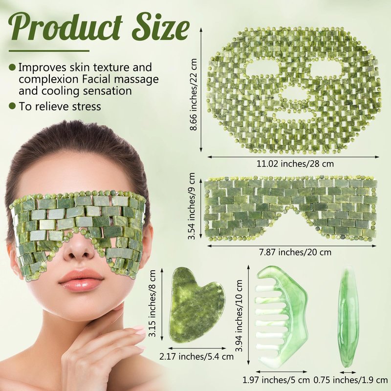 Demissle 4 Pcs Jade Eye Mask Jade Stone Facial Mask Scrap Massage Tool Hair Comb Facial Eye Cooling Stone Massage Tools for Puffy Eyes Dark Circles Gift(Dark Green)