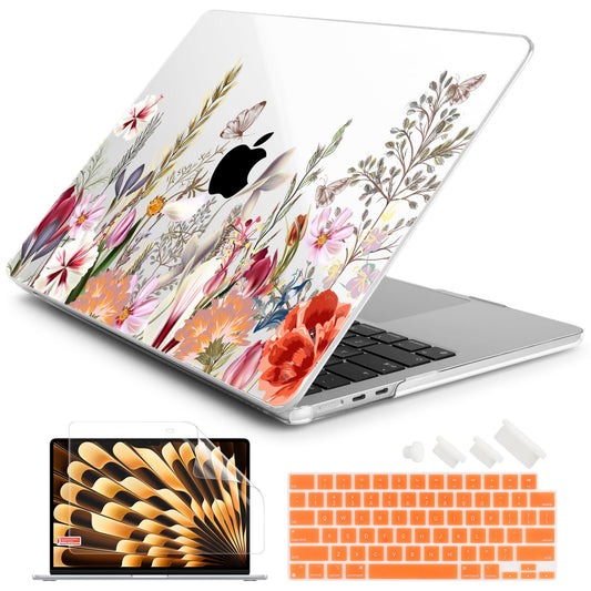 Batianda Premium Case for New MacBook Air 15 inch with M5 M4 M3 M2 Chip 2026 2025 2024 2023 Release, Designed Ultra-Slim Hardshell & Keyboard Cover & Screen Protector 4-in-1 Bundle, Flower Field