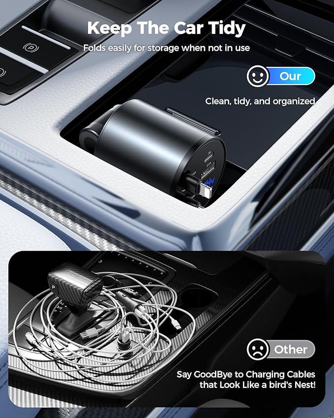 Retractable Car Charger, [2025 New] 4 in 1 Fast Car Phone Charger with Retractable Type C & L Cords, 120W USB Car Charging Adapter for iPhone 13 14 15 16 17Pro Max, Samsung Galaxy, Pixel