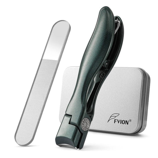 FVION Nail Clipper for Thick Fingernail and Toenail, Wide Jaw Nail Clippers with Crystal File, Large Toe Nail Clipper with Catcher for Men and Women, Nail Cutter Set - Green