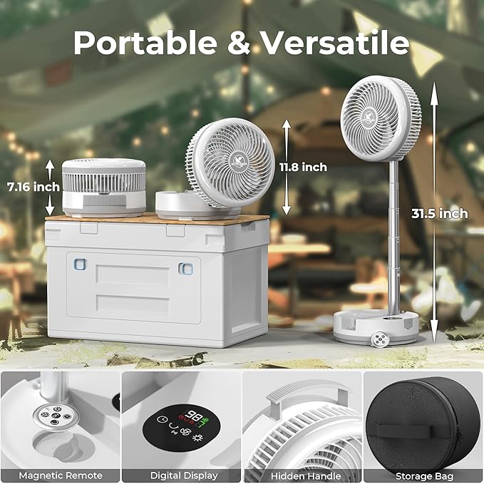 40000mAh Portable Travel Fan, Rechargeable Collapsible Fan, 106H Run, 8 Speeds Standing Oscillating Fan, Battery Powered with Timer & Light for Travel Cruise Essentials RV Outdoor Bedroom Power Outage