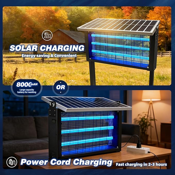 Super Large Solar Bug Zapper Outdoor for 8000 sq.ft, Portable Solar Bug Zapper with High Powered, Rechargeable Electric Bug Zapper for Patio Garden Backyard RV Camping Farm and Large Spaces