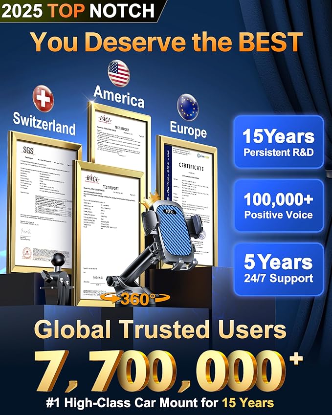 HTU 2026 Ultimate Best【True Military-Grade & Safety Cert】Car Phone Holder【Upgraded 360 Rotation & 100+LBS Strongest Suction】5-in-1 Truck Windshield Dashboard Vent Mount Stand for iPhone Android, Blue