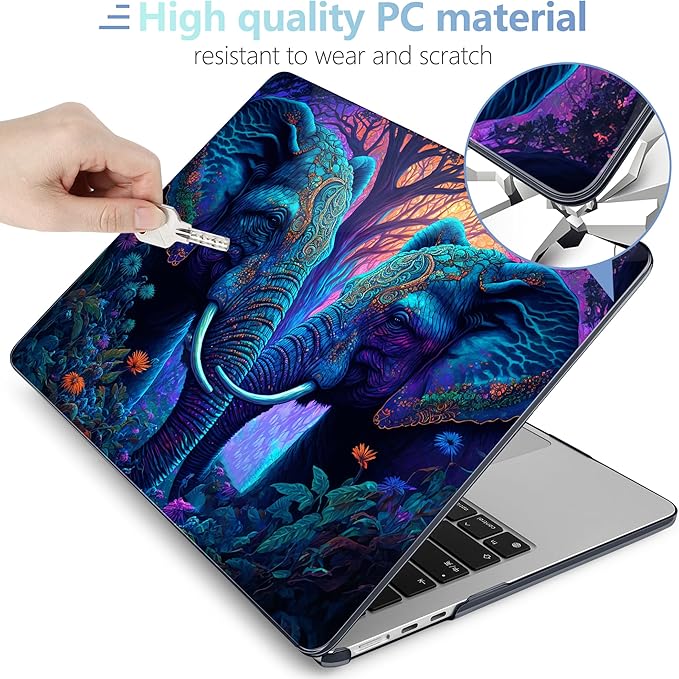MEEgoodo Portable Electronic Device Cover for MacBook Air M3 M2 15.3 inch 2023-2024, Hard Case with Keyboard & Webcam Cover, Screen Protector, OTG Adapter, Elephants