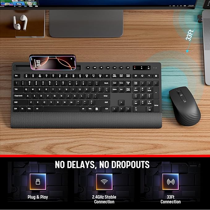 Trueque KM31 Wireless Keyboard and Mouse Combo - Full-Size Quiet Typing with Palm Rest, Phone Holder, Multimedia Keys, Power Switch, Batteries Included, Compatible with Windows, Chrome OS, PC, Laptop