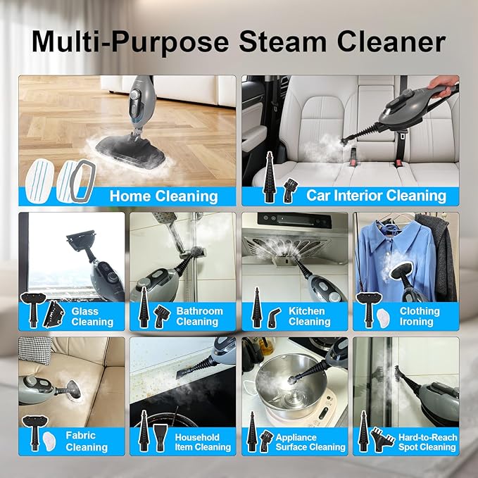 11-in-1 Steam Mop, 1550W Powerful Handheld Steam Cleaner, 260Â°F Multi-Functional Floor Steamer with 21.3FT Cord for Floors, Hardwood, Tiles, Grout, Windows, Kitchen, Bath, Adjustable (Grey)