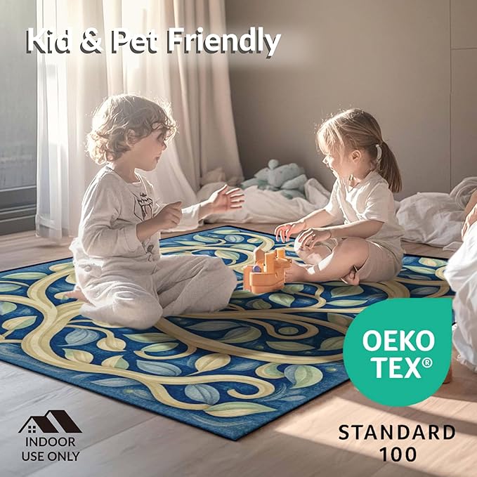 Flatwoven High Traffic Area Rug 2x3, Enchanted Forest December Shower Curtain Full Restroom Kit, Non Slip, Stain Resistant, Washable Area Rugs for Living Room, Bedroom (Blue, 2x3)
