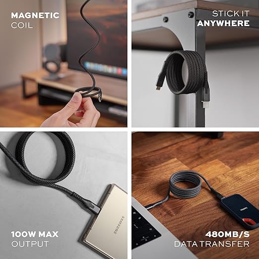 Statik MagStack Pro USB C to USB C Cable, Magnetic Type C Charger Fast Charging Cord, On The Go Magnetic Charging Cable for Car, Compatible with iPhone, iPad & Android, Navy 100W 3FT