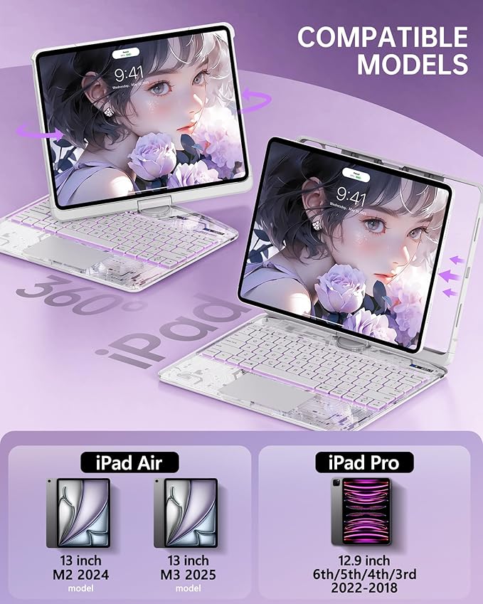 Intermerge Transparent Case with Keyboard for iPad Air 13"(M4/ M3/ M2, 2026/2025/ 2024) & Pro 12.9" (2022-2018) - 360° Swivel Multi-Touch Trackpad, 7-Color Backlit, Pencil Holder, Frost Pulse