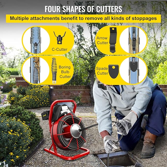 VEVOR Drain Cleaner Machine, 75 Ft x 3/8 Inch, Drain Cleaning Machine Fits 1 to 4 Inch Pipes, Portable Drain Auger Cleaner with 4 Auger Bits, Electric Drain Auger Plumbing Tool