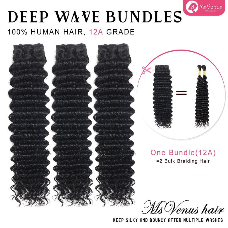 msVenus 12A Deep Wave Bundles Human Hair 20 Inches, 100% Unprocessed Indian Human Hair Bundles Wet and Wavy Raw Virgin Hair One Bundles Deal Curly Weave Bundles(Natural Color, 20 Inches)