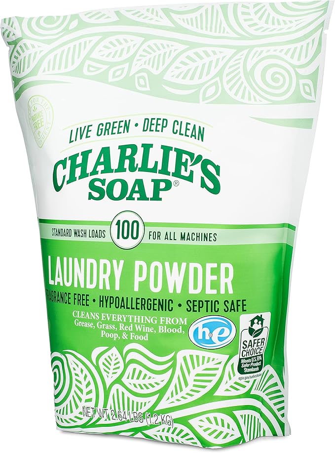 Charlieâs Soap Laundry Powder (100 Loads, 6 Pack) Hypoallergenic Deep Cleaning Washing Powder Detergent â Eco-Friendly, Safe, and Effective