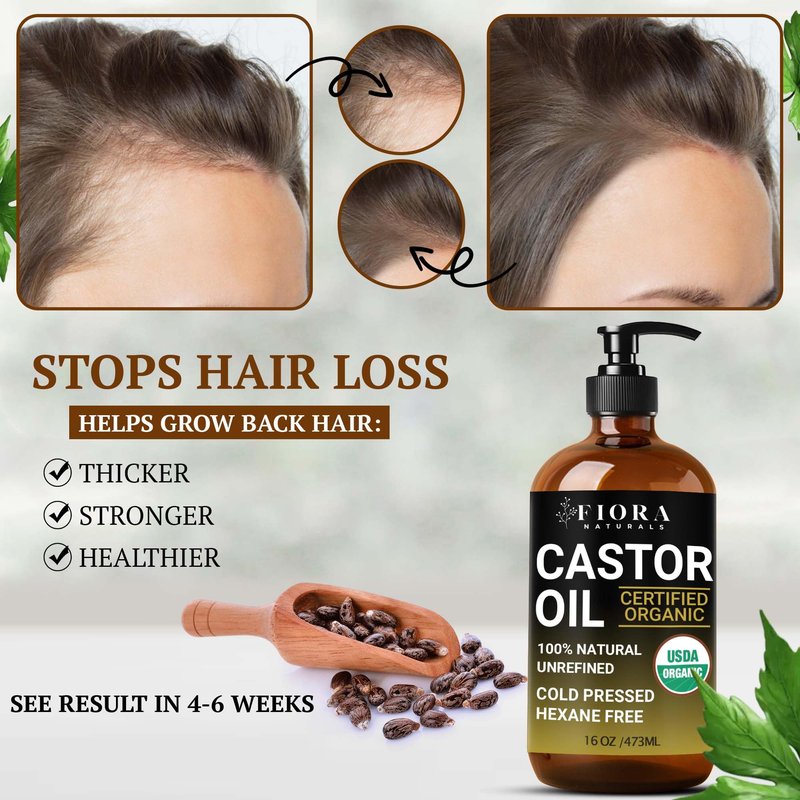Fiora Naturals Organic Castor Oil in Glass Bottle – 16 Oz Cold Pressed & Hexane-Free – USDA Certified – Skin Moisturizer, Hair Growth Oil For Lashes, Brows, Skin & Scalp – with Pump