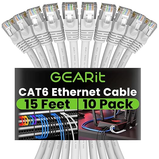 GEARit Cat 6 Ethernet Patch Cable 15 ft White (10 Pack) Cat6 Patch Cables 15ft White/Ethernet Patch Cable, 10Gbps 550MHz 24AWG Pure Copper, Snagless, Gold Plated RJ45 for Router, Server, Router, PC
