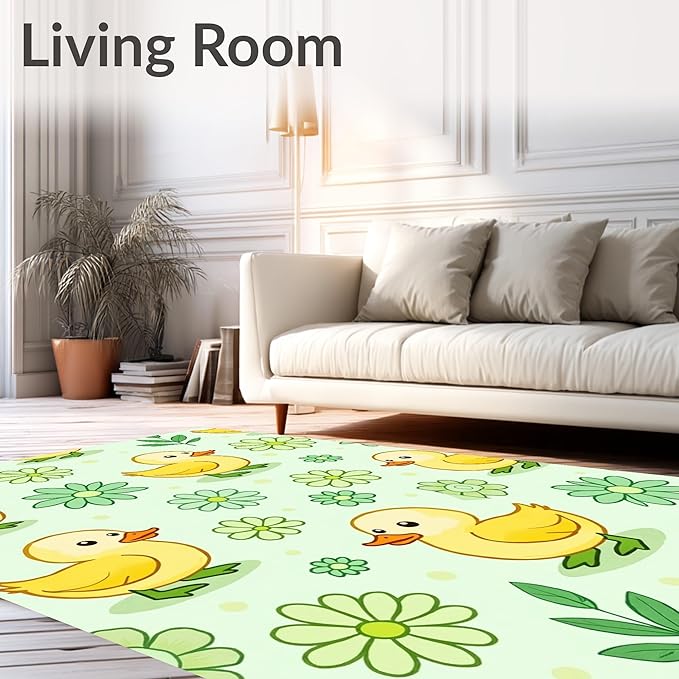 Flatwoven High Traffic Area Rug 4x6, Whimsical Duckling Parade Cartoon with Playful Watercolor Animals, Non Slip, Stain Resistant, Washable Area Rugs for Living Room, Bedroom (Yellow, 4x6)