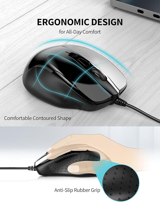 TECKNET USB Wired Mouse, 6-Button Corded Mouse with 2 Adjustable DPI, Optical Computer Mouse with Ergonomic Design and 5FT Cord for Laptop, Chromebook, PC, Desktop, Mac, Notebook-Black
