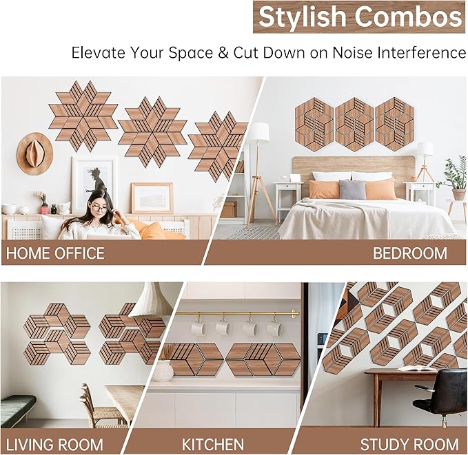 Mollywell Acoustic Panels, PVC Wood-Grain, 14x12 Inch Hexagon Carved Sound Proof Wall Tiles, Self-Adhesive High Density Felt for Home Theater/Studio/Office Echo Reduction, 12 Pack Walnut, TW4