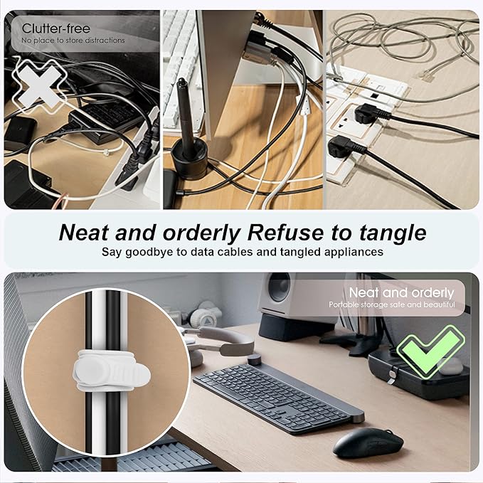 Nearockle 16Pcs Silicone Cable Ties Cord Organizer for Bundling Earphone, Phone Charger, Computer Cords, Reusable Wire Cable Management in Home,Office,Kitchen,School,Travel (White)