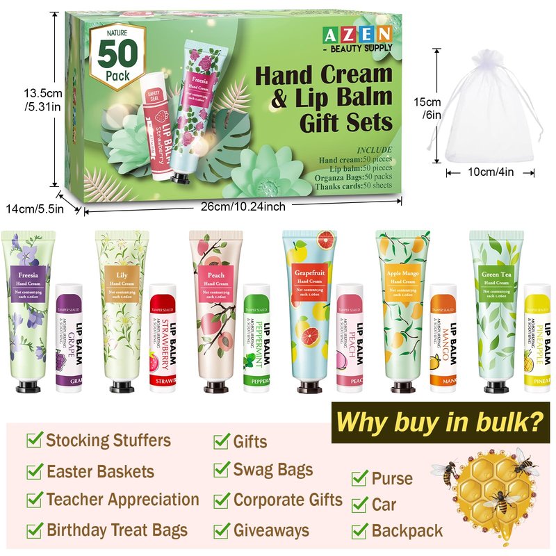 AZEN 50 Sets Bulk Gifts, Hand Cream and Lip Balm Bulk Set with Organza Bag Thank You Card, Baby Shower Wedding Gift for Guests, Bridal Wedding Favors for Guests, Mothers Day Gifts Stocking Stuffers