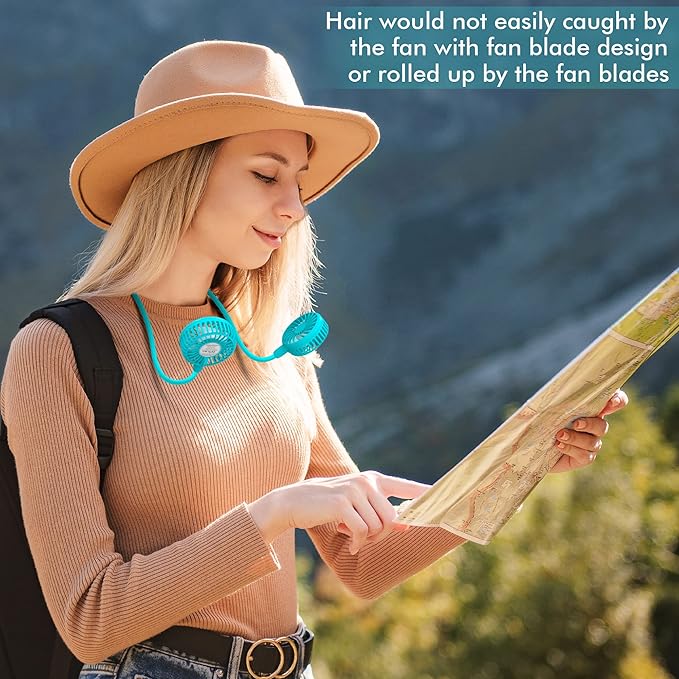 Portable Neck Fan, 2600mAh Battery Operated Sport Fan Ultra Quiet Hands Free USB Fan with 3 Speeds, Strong Wind, 360° Adjustable High Flexibility Wearable Personal Fan for Office Outdoor Travel (Cyan)