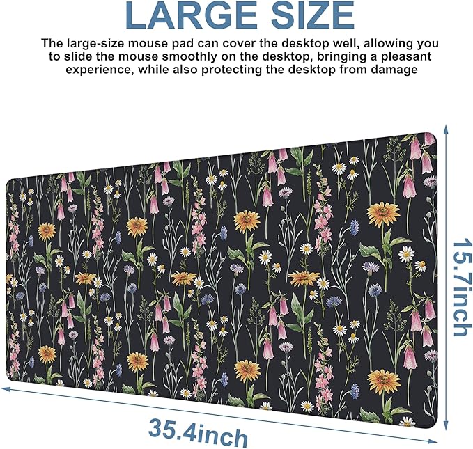NITAHHHY Large Mouse Pad Field Flowers Gaming Desk Pad Computer Keyboard Non-Slip Waterproof Mouse Mat with Rubber Base and Stitched Edges Entertainment Office Writing Desk Mat 35.4 x 15.7 Inches